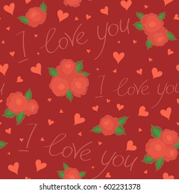 Vector illustration. Vector vintage watercolor love hearts seamless background in red, pink and orange colors. Motley hand painted elements of love text, rose flower, hearts and letter.