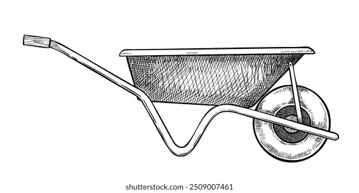 Ilustração Vetorial de uma Carrinha de Rodas Vintage. Ferramenta de jardinagem para a fazenda em fundo isolado. Desenho Linear da Barra de Rodas. Carrinho retro rústico para design de outono. Gravura preta de equipamentos antigos.