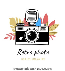 Vector illustration of vintage white and black photo camera with external flash on white background with flower and text. Flat line art style design of photo camera for web, site, poster, banner