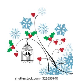 vector illustration of a vintage winter card with bird cages and snowflakes
