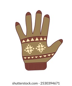 Vektorgrafik eines Vintage-Winterhandschuhs mit traditionellem Schneeflocken-Muster einzeln auf weißem Hintergrund. Perfekt für saisonale Dekoration, Bekleidung und festliche Projekte.