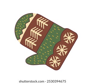 Ilustración vectorial de una manopla de invierno vintage con un patrón tradicional de copo de nieve, aislado sobre un fondo blanco. Perfecto para decoración de temporada, ropa y proyectos festivos.