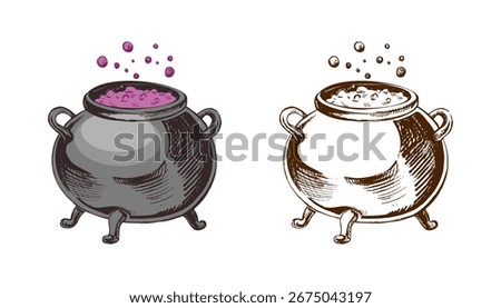 Vector illustration of a vintage witch cauldron filled with bubbling magic potion. Includes both colored and monochrome versions. Perfect for Halloween, fantasy, mystical or magical design projects.