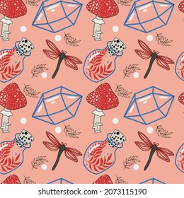 Vector illustration of vintage witchcraft cartoon elements, magic shop for witch concept, wizard character set. Set of seamless ornaments. Flat design, cartoon, hand-drawn. Fabulous elements.