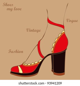 Vector illustration, vintage woman shoe, card concept.