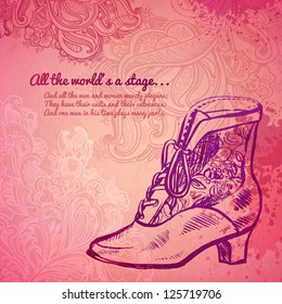 Vector illustration. vintage women's fashion shoes. Opera theatrical props. blots and flowers on a pink background. girlish thing
