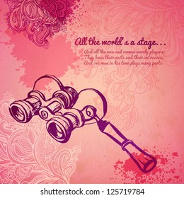 Vector illustration. vintage women's fashion glass. Opera theatrical props. blots and flowers on a pink background. girlish thing