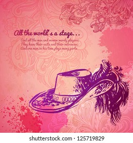 Vector illustration. vintage women's fashion hat. Opera theatrical props. blots and flowers on a pink background. girlish thing