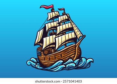 Vector illustration of a vintage wooden sailing ship with large sails and red flags, navigating through ocean waves. Related to maritime adventures, history, exploration, or pirate themes.