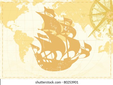 Vector illustration of Vintage word map grunge background with retro compass and silhouette of retro sailing ship