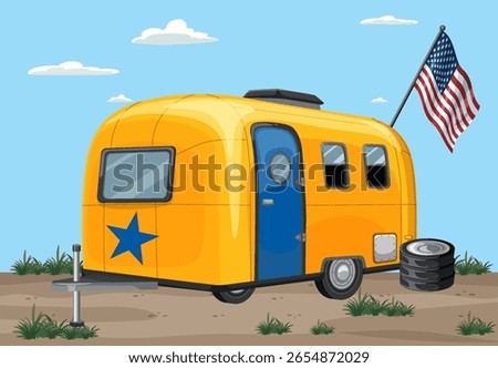 Vector illustration of a vintage yellow camper with a blue star, parked under a clear sky with an American flag