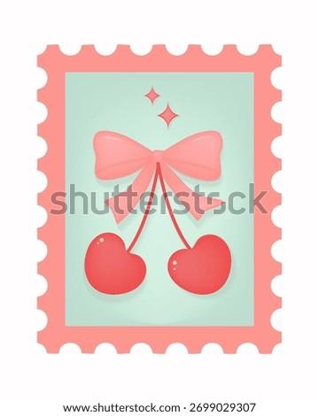 Vector illustration of a vintage-style postage stamp featuring a soft pink bow with two  cherries and decorative sparkles. Playful coquette composition ideal for Valentine’s Day, romantic mail.