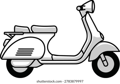 A vector illustration of a vintage-style white scooter with black outlines, showcasing its iconic design and retro appeal.
