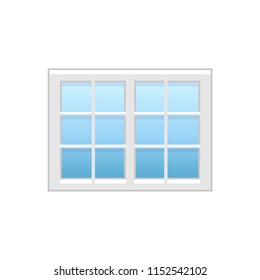 Vector illustration of vinyl casement or sash french window. Flat icon of traditional aluminum window with horizontal & vertical bars. Isolated object on white background. 