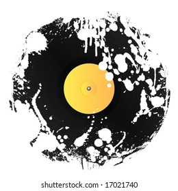 Vector illustration of a vinyl disc covered in white ink splatters. Grunge style.