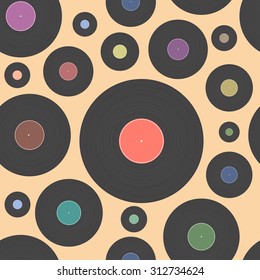 Vector illustration of vinyl disk. Seamless background pattern. 