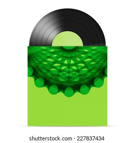 vector illustration of  vinyl gramophone record with green color paper label  and green cover with abstract circle design