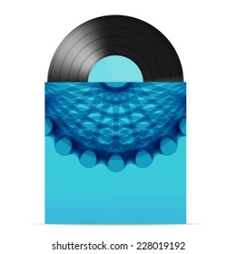 vector illustration of  vinyl gramophone record with blue paper label  and cover with cool blue abstract circle design and copy space
