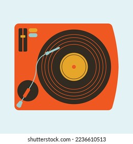 Vector illustration with vinyl player with disc.Love for retro, analogue, vintage, 60s object. Analogue devices, vinyl disc, nostalgic concept in flat modern style. Music lover.