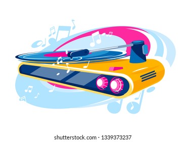 Vector illustration of a vinyl player playing music, musical notes
