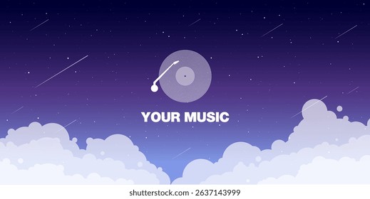 Vector illustration of a vinyl record against a dreamy night sky with clouds and meteors. Perfect for music playlists, posters, or creative backgrounds.