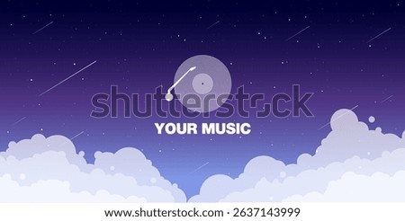 Vector illustration of a vinyl record against a dreamy night sky with clouds and meteors. Perfect for music playlists, posters, or creative backgrounds.