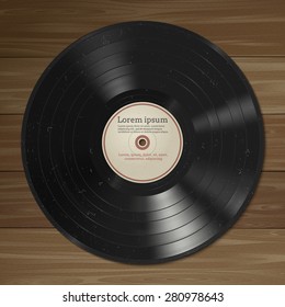 Vector illustration of a vinyl record with dust on the surface. Wooden background