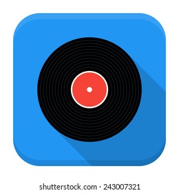 Vector illustration of vinyl record. Flat app square icon with long shadow.