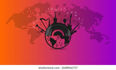 Vector illustration of a vinyl record globe with musical instruments and notes on a vibrant gradient background with a world map. Perfect for music festivals, event posters, and celebration graphics.