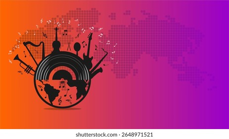 Vector illustration of a vinyl record globe with musical instruments, music notes, and a dotted world map on a vibrant gradient background. Ideal for music festivals, events, and celebration designs.