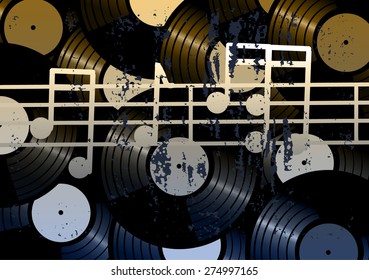 Vector illustration. vinyl record on a retro background. Notes.