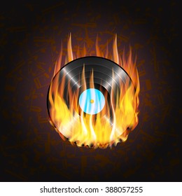 vector illustration of a vinyl record on fire on a background of musical notes on a dark background can be applied to any image with black or used separately.