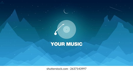 Vector illustration of a vinyl record over a starry night mountain landscape with a crescent moon. Ideal for music covers, posters, or creative backgrounds.