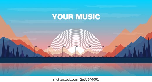 Vector illustration of a vinyl record over a sunset mountain landscape with water reflection. Perfect for music covers, posters, or scenic backgrounds.