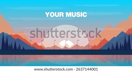 Vector illustration of a vinyl record over a sunset mountain landscape with water reflection. Perfect for music covers, posters, or scenic backgrounds.