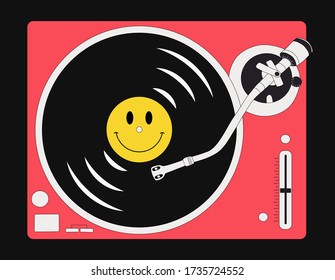 Vector illustration of vinyl record player isolated on black background. Vinyl with yellow smile face. 
