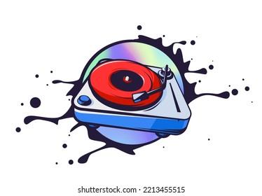 vector illustration of a vinyl record player on a holographic background in the form of a sticker, with active splashes in the background