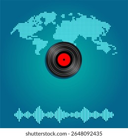 Vector illustration of a vinyl record with a world map and sound wave, perfect for World Music Day or music-related designs.