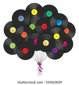 vector illustration of vinyl records plates stylized as balloons in air for retro music poster or vintage album cover concept design