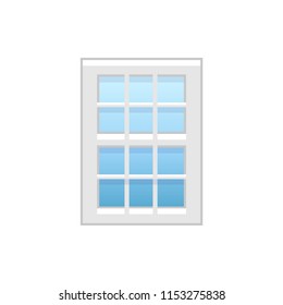 Vector illustration of vinyl single-hung window. Flat icon of traditional aluminum sash window with vertical & horizontal bars on both panels. Isolated object on white background. 