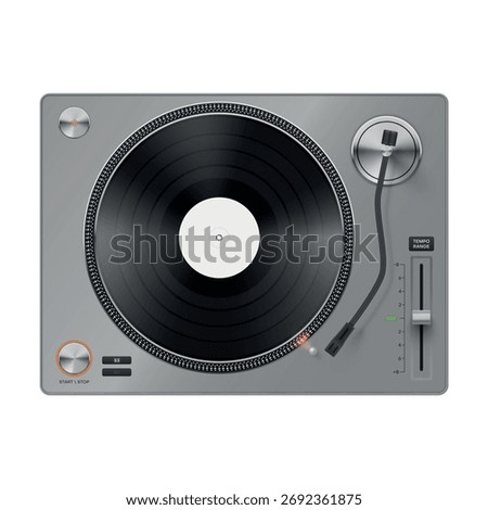 A vector illustration of a vinyl turntable viewed from above with a vinyl record installed. Tempo controls are visible, and the design is detailed with various controls and other elements.
