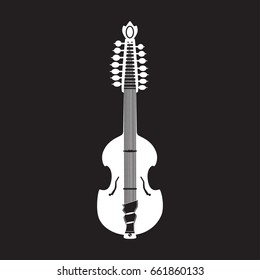 Vector illustration of viola guitar white template on black background. Flat style design musical instrument. Bluegrass and country music.