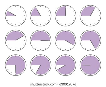 Vector illustration. Violet analog clock on the white background. Forty five minutes or nine hours time increments illustration — hourly schedule. Plus 1, 2, 3, 4, 5, 6, 7, 8, 9, 10, 11 or 12 hour.