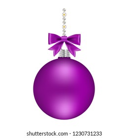 Vector illustration of violet bauble ball hanging with ribbon decoration for christmas holidays. Can be used for backgrounds, prints, christmas party, t-shirt, logo and new year designs. 