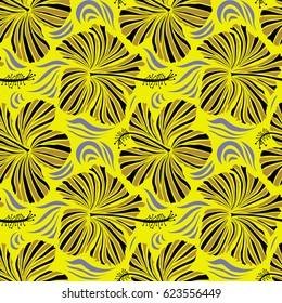 Vector illustration. Violet, black and yellow hibiscus flowers seamless pattern.