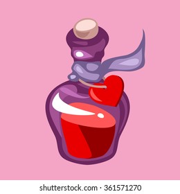 Vector illustration of the violet bottle with red heart and philtre on a pink background.