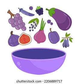 Vector illustration of a violet bowl. Cartoon violet vegetables and fruits.
