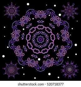Vector illustration in violet colors on black background. 5 snowflakes winter New Year frame.