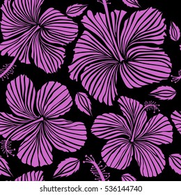 Vector illustration in violet colors on a black background. Seamless tropical flower, hibiscus pattern.