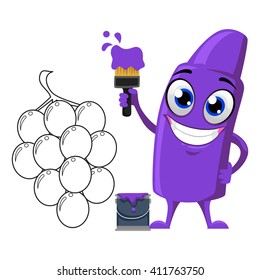 Vector Illustration of Violet Crayon Mascot Coloring Grapes